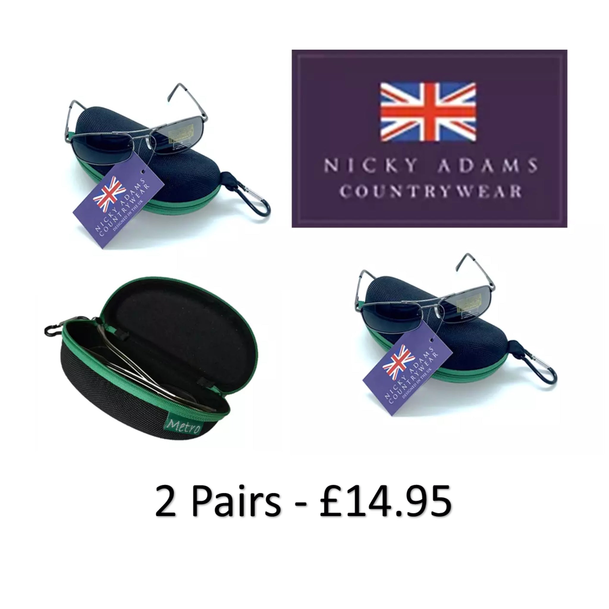 Men's rectangular metal frame sunglasses with black lenses including hard zip case by Nicky Adams Countrywear